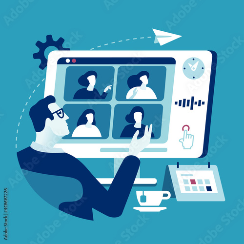 Distance working. The manager communicates with colleagues via a computer network. Business vector illustration