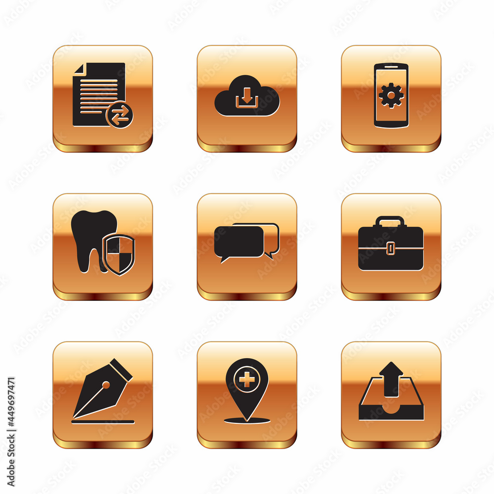 Set Transfer files, Fountain pen nib, Medical location with cross, Chat, Dental protection and Setting smartphone icon. Vector Set Transfer files, Fountain pen nib, Medical location with cross, Chat, Dental protection and Setting smartphone icon. Vector