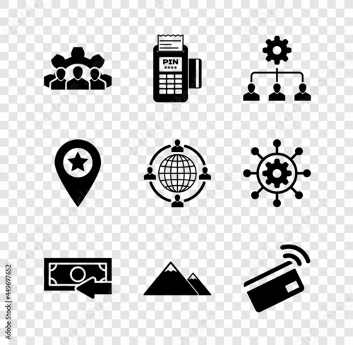Set Project team base, POS terminal, Lead management, Cash back, Mountains and Contactless payment icon. Vector