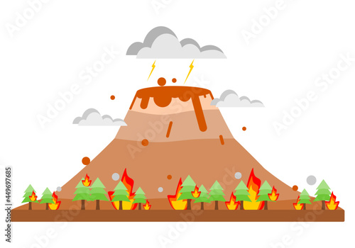 Volcano erupting with lava burn fire trees forest and lightning cloud flat vector. photo