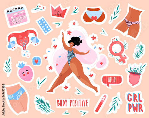 Body positive and feminist set collection womens stickers and badges designs. Uterus, menstrual cup, calendar in flat style. Vector stock illustration