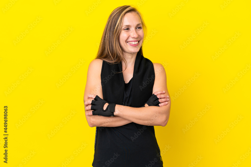 Young sport English woman isolated on white background happy and smiling Young sport English woman isolated on white background happy and smiling
