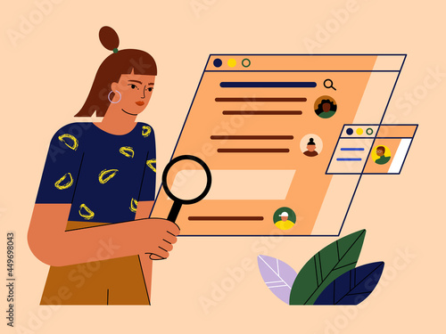 Woman holding magnifying glass or loupe. Concept of SEO or search engine optimization, internet algorithm for increasing website visibility, online marketing strategy.  Web Flat vector illustration. 
