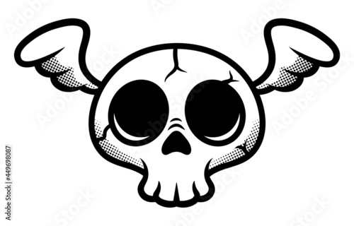 Black and white cartoon illustration of skull with wings in halftone effects, best for mascot, sticker, tattoo design with gothic themes