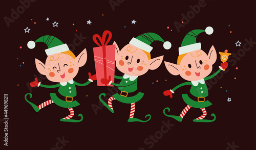 Set of different cute little Santa elves characters with gift box, ring bell, dance isolated. Vector flat cartoon illustration. For Christmas cards, patterns, banners, stickers.