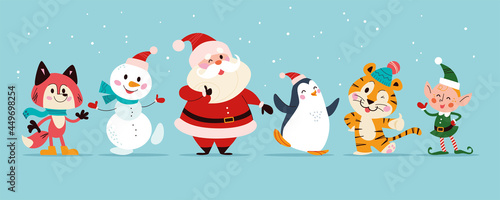 Christmas banner with cute happy winter characters. Santa Claus, elf, snowman, penguin, fox, tiger isolated. Vector flat cartoon illustration. For cards, packaging, web, invitation.