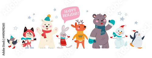Christmas banner with group of cute winter animals. Polar bear, deer, penguin, fox, rabbit isolated. Vector flat cartoon illustration. For cards, invitations, placards, packaging.