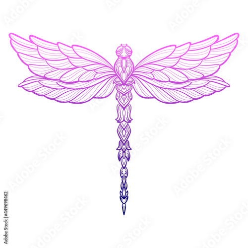 Hand drawn engraving Sketch of Dragonfly. Vector illustration for tattoo and handmade decorative brooch. Can be used for for postcard, t-shirt, fabric bag or poster. Insect collection.