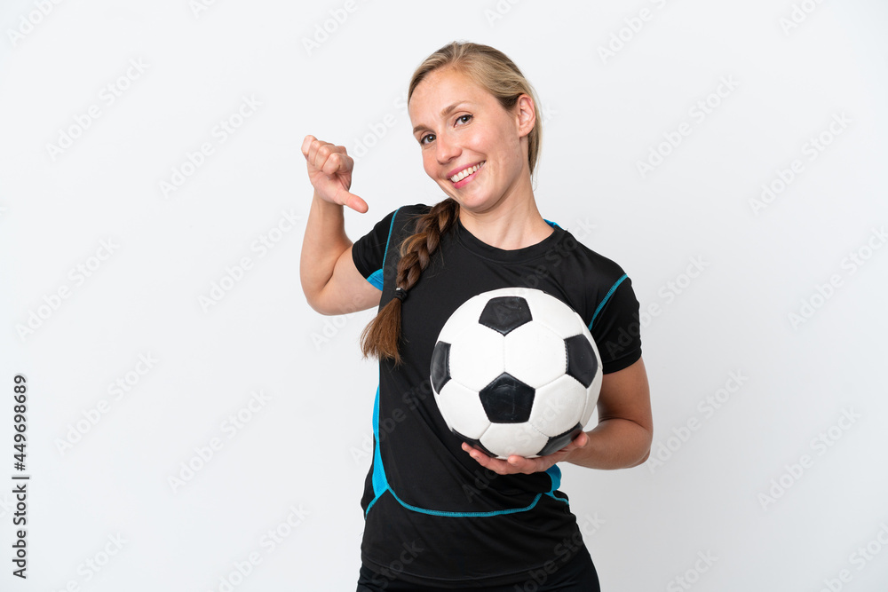 Young football player woman isolated on white background proud and self-satisfied Young football player woman isolated on white background proud and self-satisfied