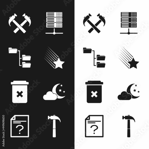Set Falling star, Folder tree, Two crossed hammers, Server, Data, Web Hosting, Trash can and Cloud with moon and stars icon. Vector