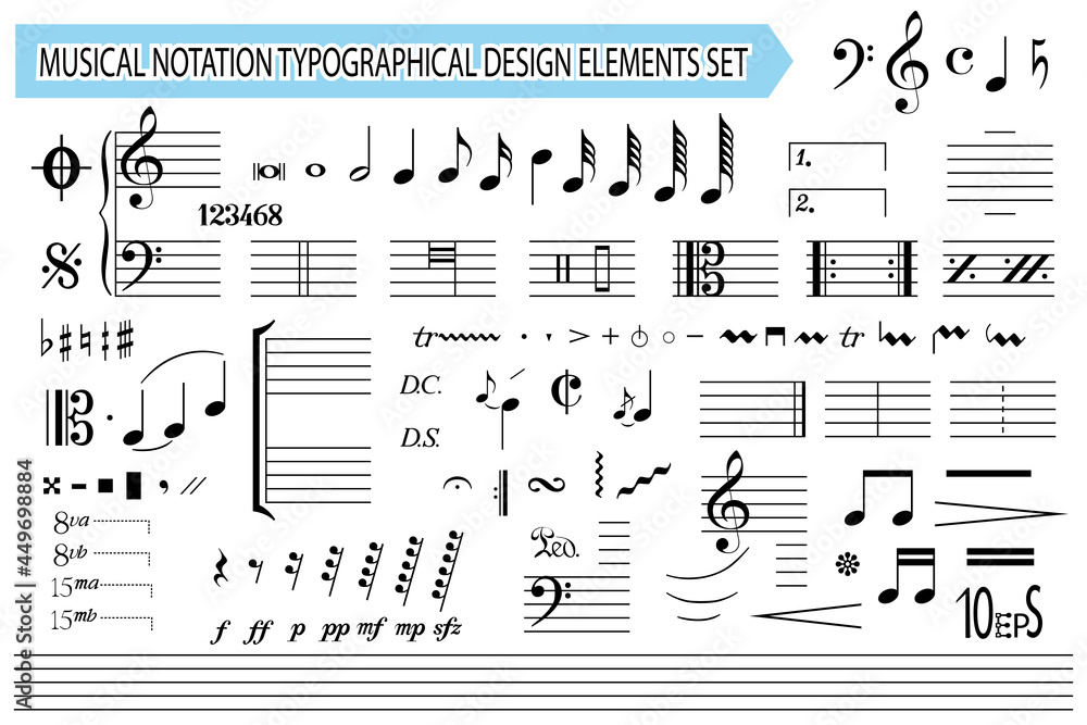 Musical notation, notes, music symbols and signs, set. Templates, black