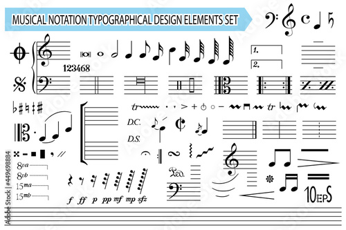 Musical notation, notes, music symbols and signs, set. Templates, black editable elements collection, isolated on white background. Melody font. Vector illustration.