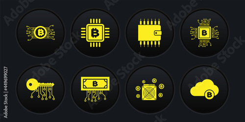 Set Cryptocurrency key, CPU mining farm, bitcoin with circuit, ASIC Miner, wallet and icon. Vector