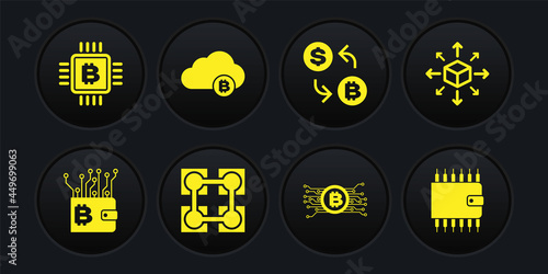 Set Cryptocurrency wallet, Distribution, Blockchain technology, bitcoin circuit, exchange and cloud mining icon. Vector