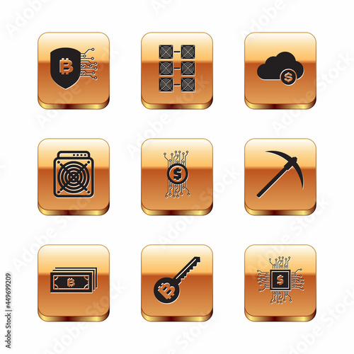 Set Shield with bitcoin, Cryptocurrency, key, circuit, ASIC Miner and cloud mining icon. Vector