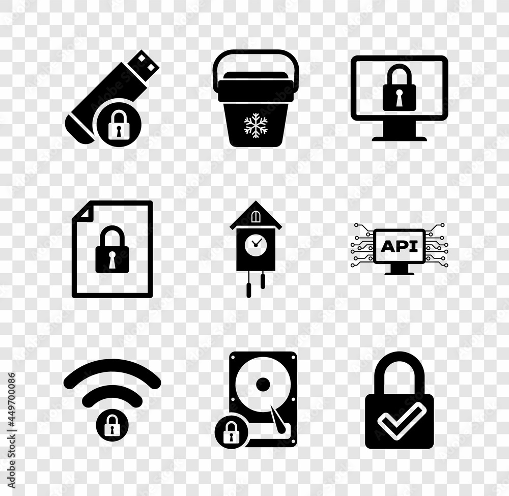 Set USB flash drive with lock, Cooler bag, Lock on monitor, Wifi locked, Hard disk and and check mark icon. Vector Set USB flash drive with lock, Cooler bag, Lock on monitor, Wifi locked, Hard disk and and check mark icon. Vector