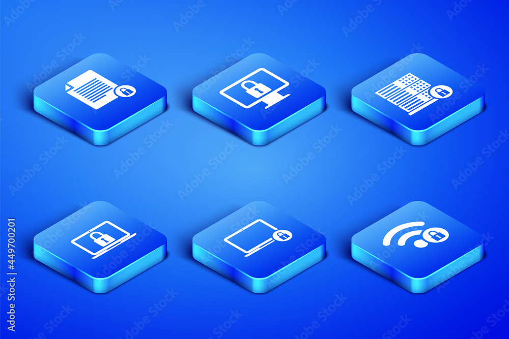Set Wifi locked, Document and, Laptop, , Lock on monitor and Server security with icon. Vector Set Wifi locked, Document and, Laptop, , Lock on monitor and Server security with icon. Vector
