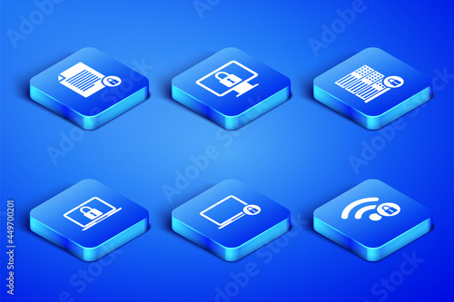 Set Wifi locked, Document and, Laptop, , Lock on monitor and Server security with icon. Vector