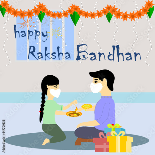 Vector of Rakhi Celebrating in India, Sister is tying Raki on her brother's wrist with wearing medical face mask due to coronavirus.