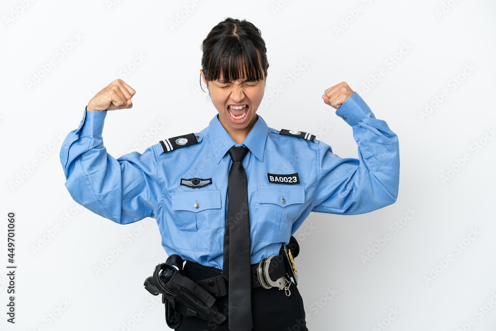 Young police mixed race woman isolated background doing strong gesture Young police mixed race woman isolated background doing strong gesture