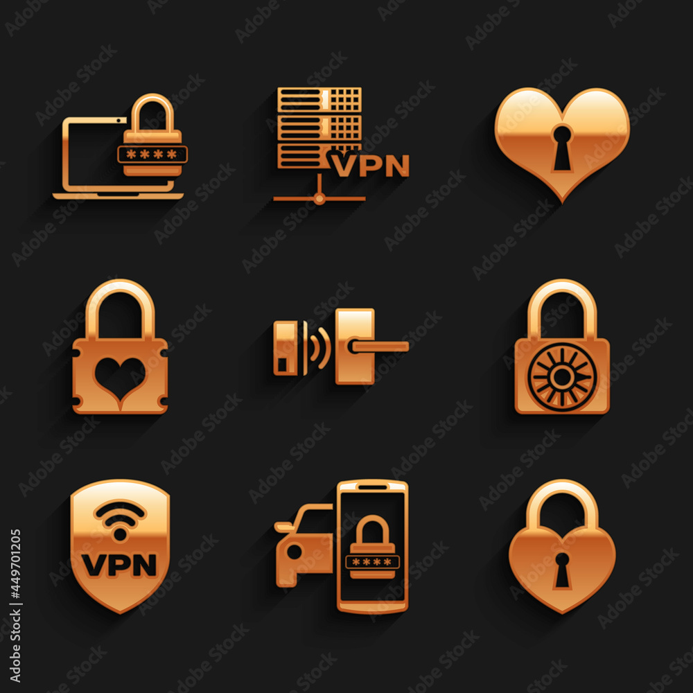 Set Digital door lock with wireless, Smart car security system, Castle in the shape of heart, Safe combination wheel, Shield VPN and Padlock icon. Vector Set Digital door lock with wireless, Smart car security system, Castle in the shape of heart, Safe combination wheel, Shield VPN and Padlock icon. Vector