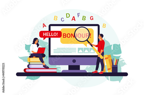Translator and translation service concept. People using online translation. Translating foreign language. Vector illustration. Isolated flat.