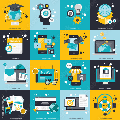 Business and technology icon set for websites and mobile applications. Flat vector illustration