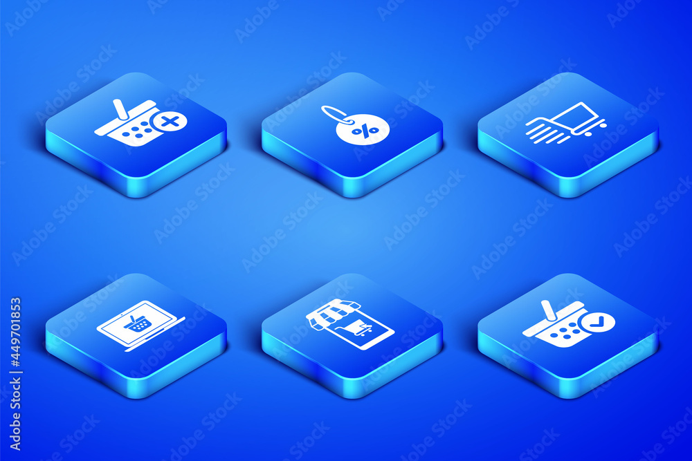 Set Shopping basket with check mark, Add to, Mobile and shopping cart, on laptop, Discount percent tag and icon. Vector Set Shopping basket with check mark, Add to, Mobile and shopping cart, on laptop, Discount percent tag and icon. Vector