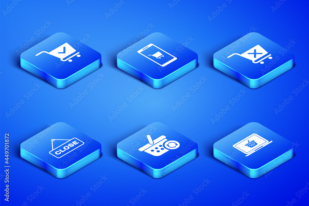 Set Shopping basket on laptop, cart with check mark, Refresh shopping, Hanging sign Close, Mobile and and Remove icon. Vector Set Shopping basket on laptop, cart with check mark, Refresh shopping, Hanging sign Close, Mobile and and Remove icon. Vector