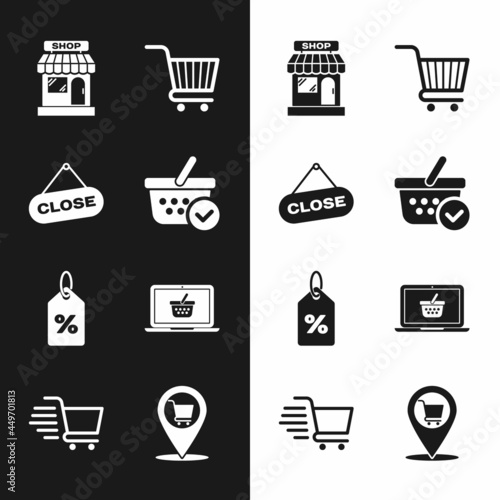 Set Shopping basket with check mark, Hanging sign Close, Market store, cart, Discount percent tag, on laptop, Location shopping and icon. Vector
