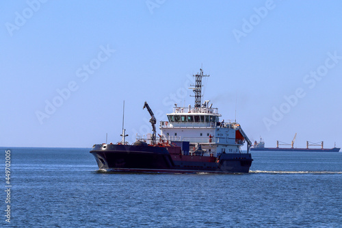 The ship is sailing on the sea. Integrated port service vessel. Baltiysk Kaliningrad region 