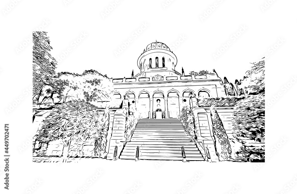 Building view with landmark of Haifa is the 
city in Israel. Hand drawn sketch illustration in vector tor.