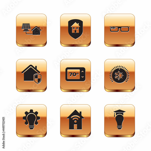 Set House with solar panel, Light bulb and gear, Smart home wi-fi, Thermostat, under protection, glasses, graduation cap and icon. Vector