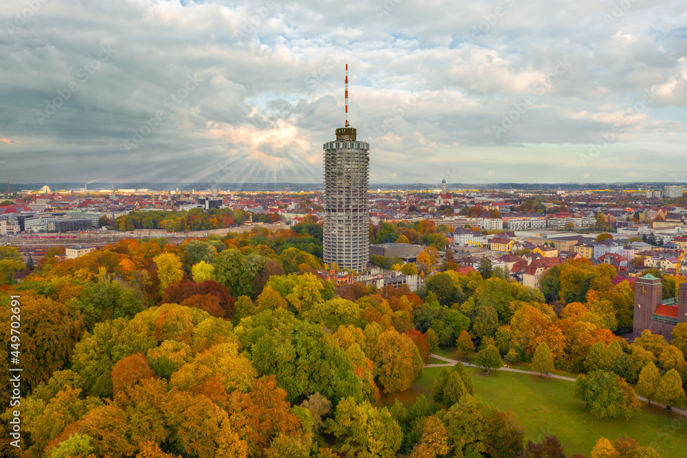 Fototapeta premium Sunrise over the city of Augsburg. Autumn city Augsburg, Bavaria. Corn Augsburg.