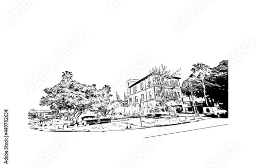 Building view with landmark of Haifa is the city in Israel. Hand drawn sketch illustration in vector tor.