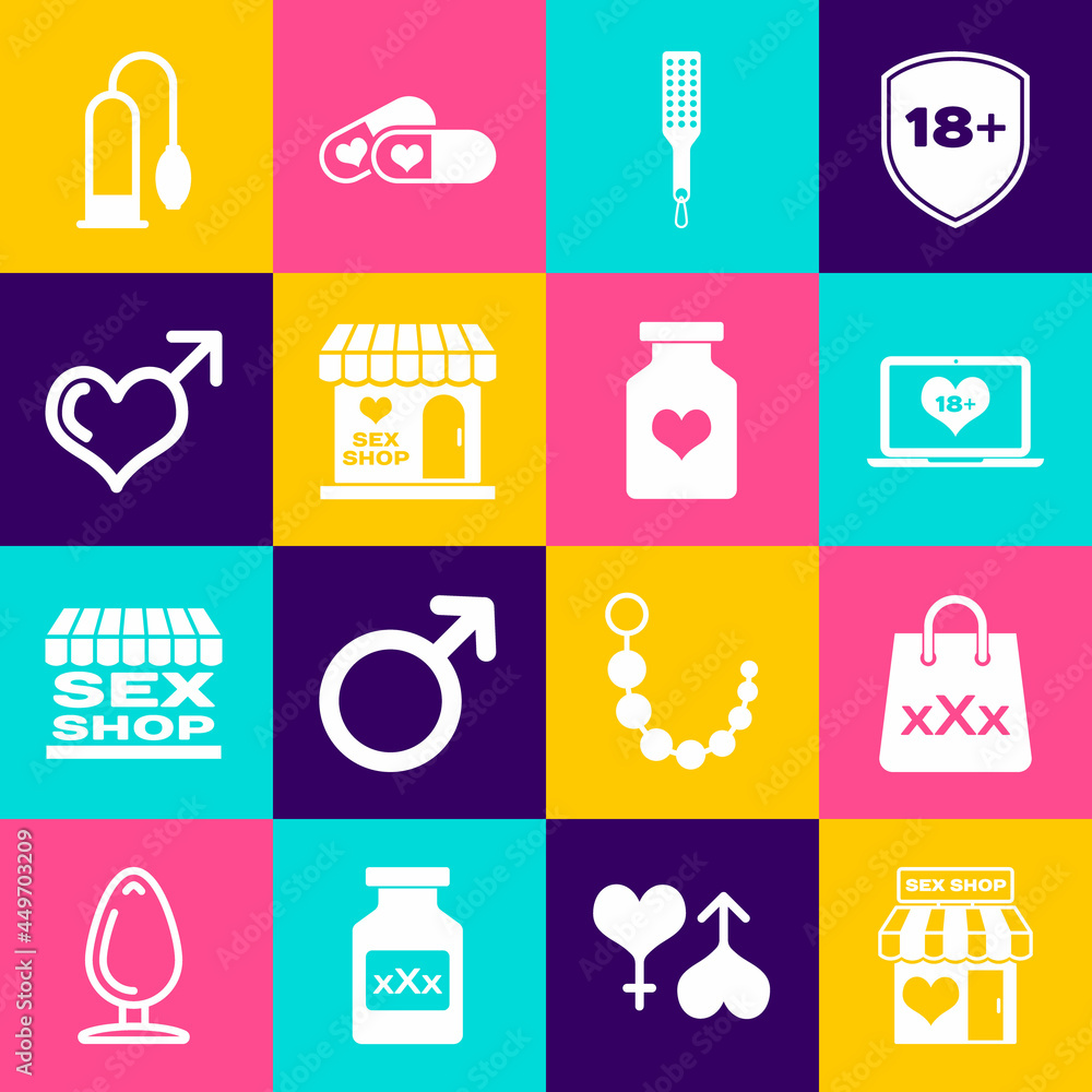 Set Sex shop building, Shopping bag with triple X, Laptop 18 plus content, Spanking paddle, Male gender and heart, Penis pump and Bottle pills for potency icon. Vector Set Sex shop building, Shopping bag with triple X, Laptop 18 plus content, Spanking paddle, Male gender and heart, Penis pump and Bottle pills for potency icon. Vector