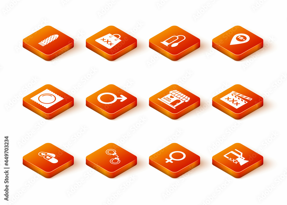 Set Pills for potency, Sexy fluffy handcuffs, Condom in package, Male gender symbol, Female, shop building, Video camera with and Movie clapper icon. Vector Set Pills for potency, Sexy fluffy handcuffs, Condom in package, Male gender symbol, Female, shop building, Video camera with and Movie clapper icon. Vector