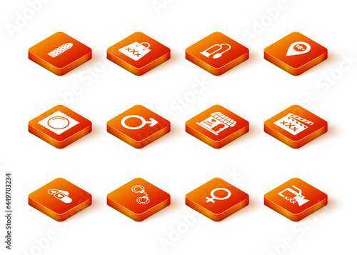 Set Pills for potency, Sexy fluffy handcuffs, Condom in package, Male gender symbol, Female, shop building, Video camera with and Movie clapper icon. Vector