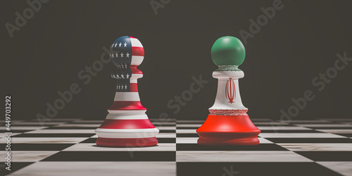 USA and IRAN flag print screen to pawn chess on chessboard with dar background for military conflict between both countries by 3d render.
