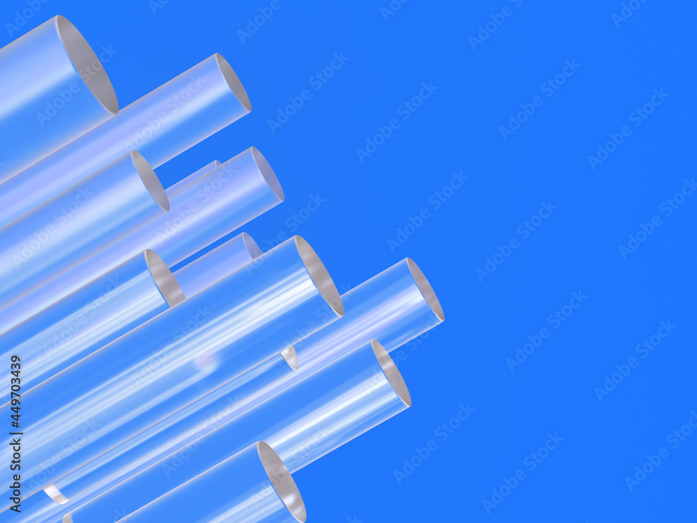 3D rendered cylinder bars in transparent bars on a blue background