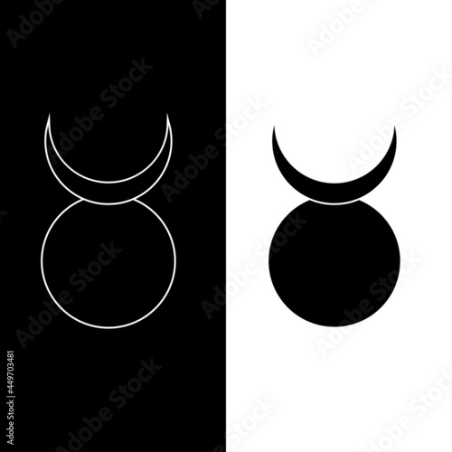 Horned god sign icon. Esoteric symbol of the Sun and the Moon. Wicca isolated icon in black with white outline. Witchcraft, sacred geometry. Vector illustration on white and black background