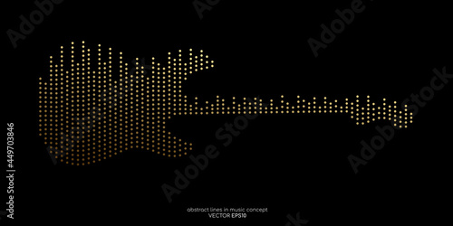 Vector electric guitar shape by equalizer dot line pattern gold light color isolated on black background. In concept of music.