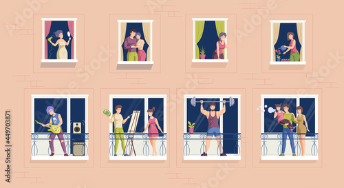 People spending time on balcony or looking at window. Neighbor person at residential apartment