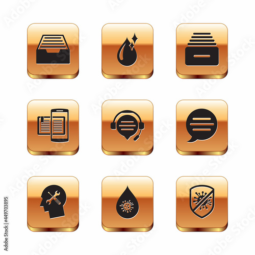 Set Drawer with documents, Human head service, Dirty water drop, Headphones speech bubble chat, Smartphone and book, Stop virus, bacteria and Clean icon. Vector