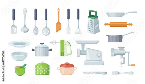 House cookware utensils for cooking, metallic and ceramic kitchen crockery. Kitchenware cooking objects, equipment for cooking, cups, dishes, bowls, knives, cutlery, pots, meat grinder, mixer