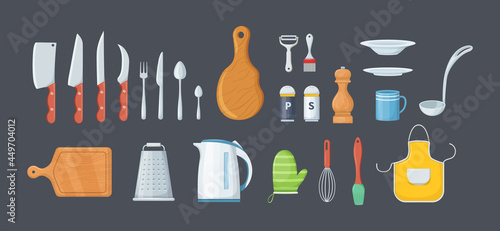 House cookware utensils for cooking, metallic and ceramic kitchen crockery. Kitchenware cooking objects, equipment for cooking, cups, dishes, bowls, knives, cutlery, pots, meat grinder