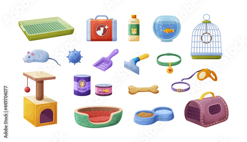 Pet shop vet store set. Domestic animals accessories for cat, dog and fish cartoon vector