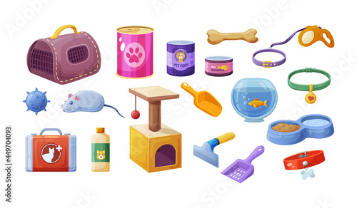 Pet shop vet store set. Domestic animals accessories for cat, dog and fish cartoon vector