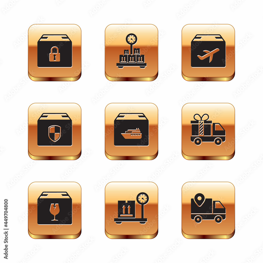 Set Locked package, Delivery box with fragile content, Scale cardboard, Cargo ship boxes, security shield, Plane and, tracking and icon. Vector Set Locked package, Delivery box with fragile content, Scale cardboard, Cargo ship boxes, security shield, Plane and, tracking and icon. Vector