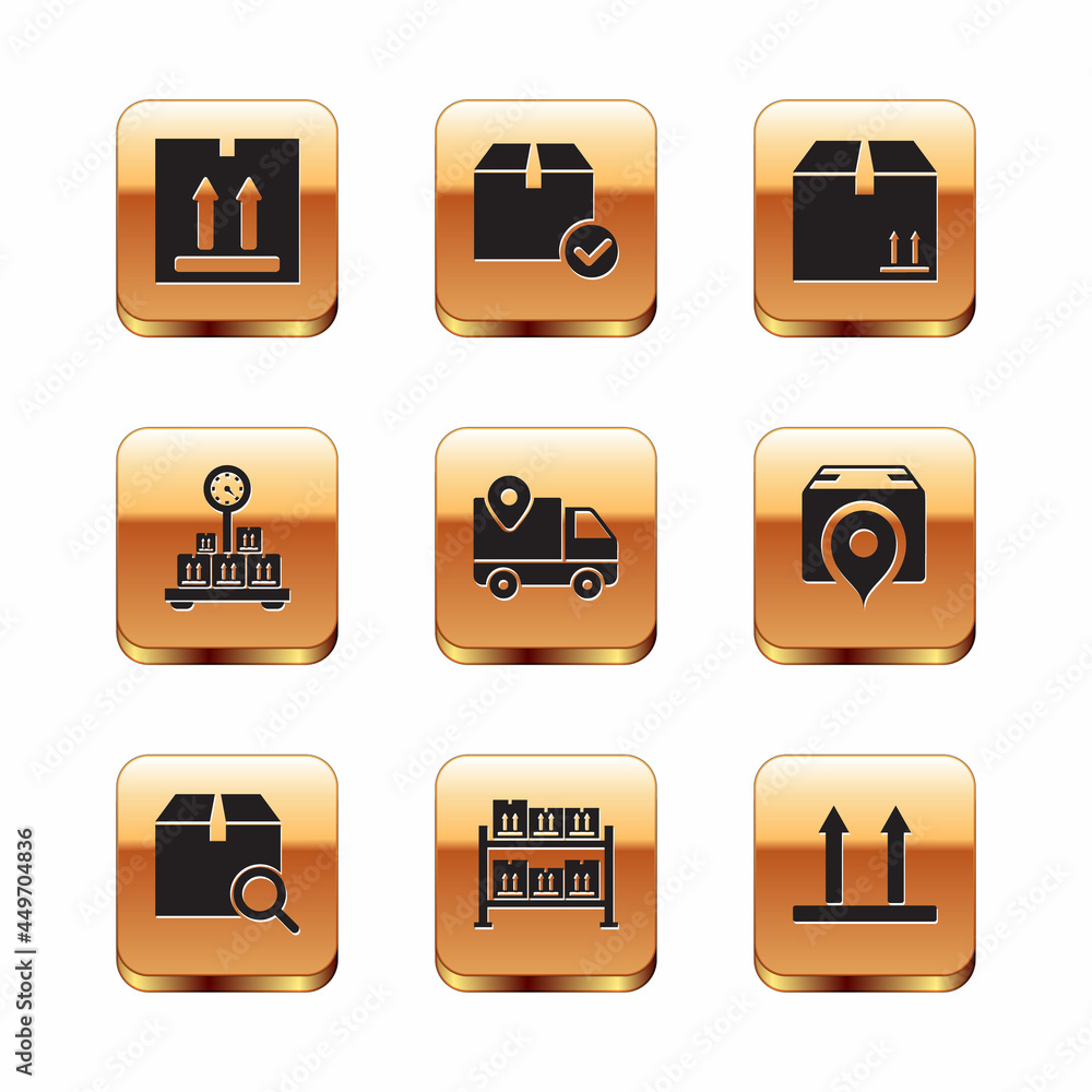 Set Cardboard box with traffic, Search package, Warehouse, Delivery tracking, Scale cardboard, This side up and Package check mark icon. Vector Set Cardboard box with traffic, Search package, Warehouse, Delivery tracking, Scale cardboard, This side up and Package check mark icon. Vector